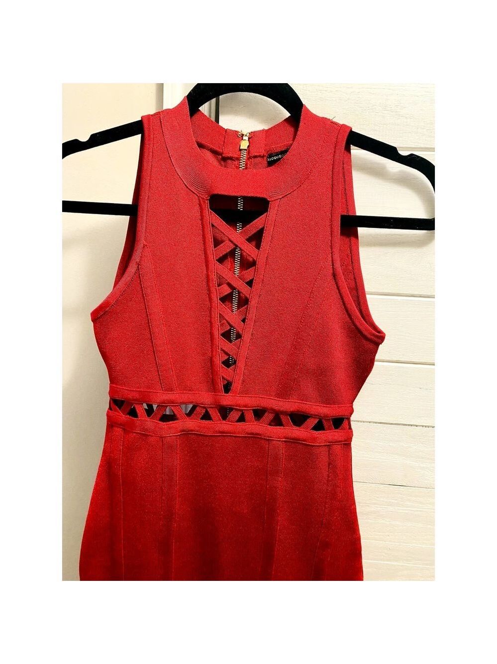 GUESS Red Lace-Up Corset Bodycon Mini Dress XS Gold Zip - Picture 4 of 8